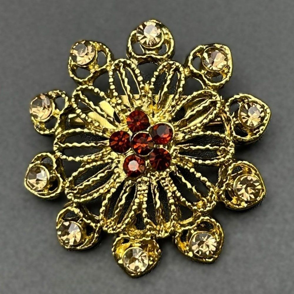 Yellow Gold with Champagne and Brown Topaz Crystal Ornate Flower Pin Back Brooch
